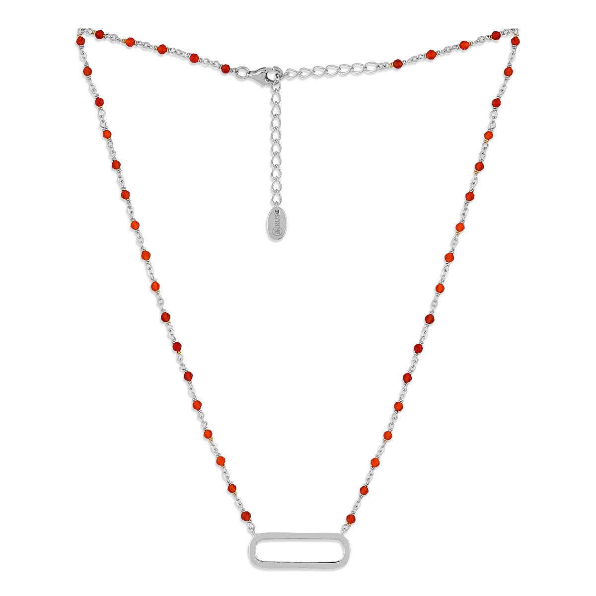 Collier Argent Rhodier Lingot Et Pierres Onyx Naturelles Rouge