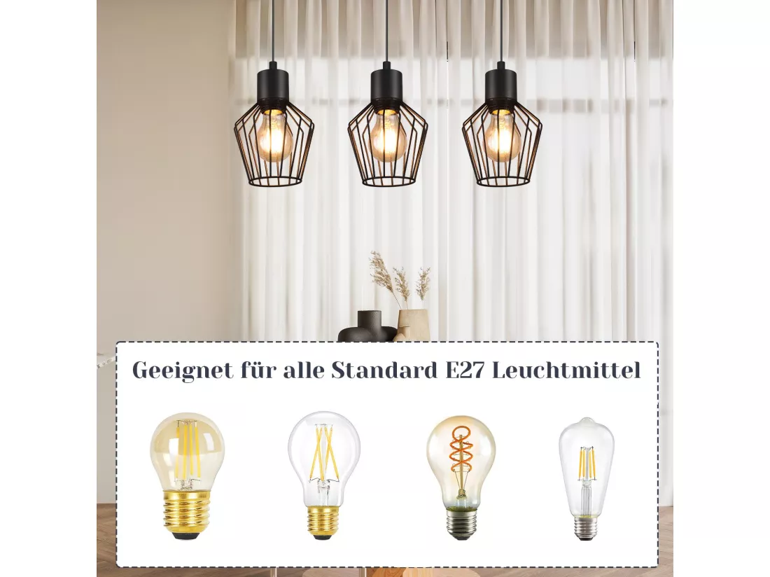 NETTLIFE Suspension 3 flammes suspension métal industrielle noir LED E27 métal
