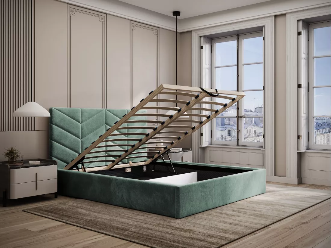 Lit coffre 160 x 200 cm - Tissu texturé - Vert amande + Matelas - JUSTANI