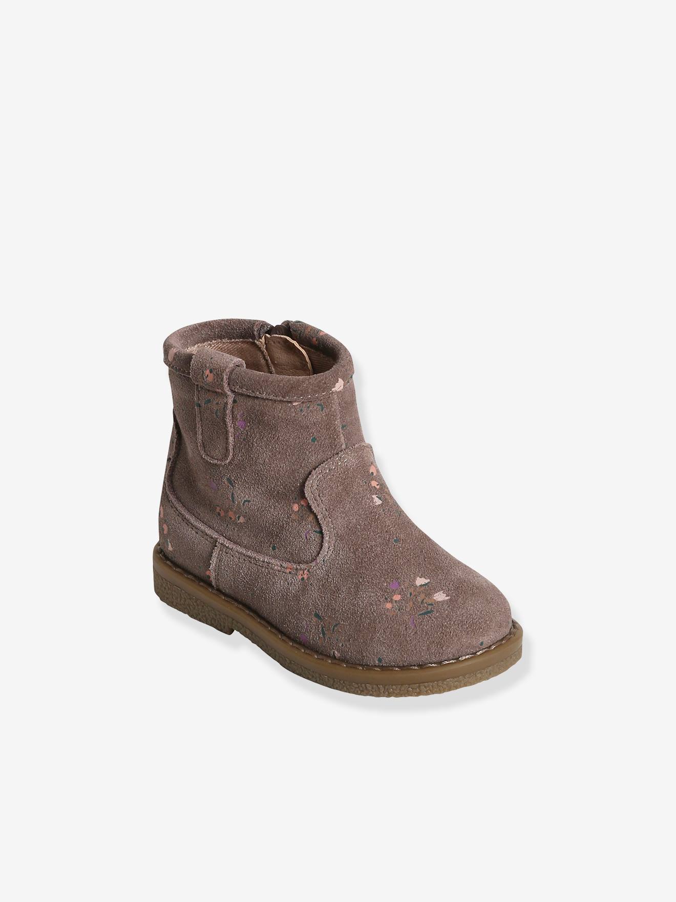 Botas de cano curto em couro estampado com zíper, tamanho médio para bebê menina, bege.