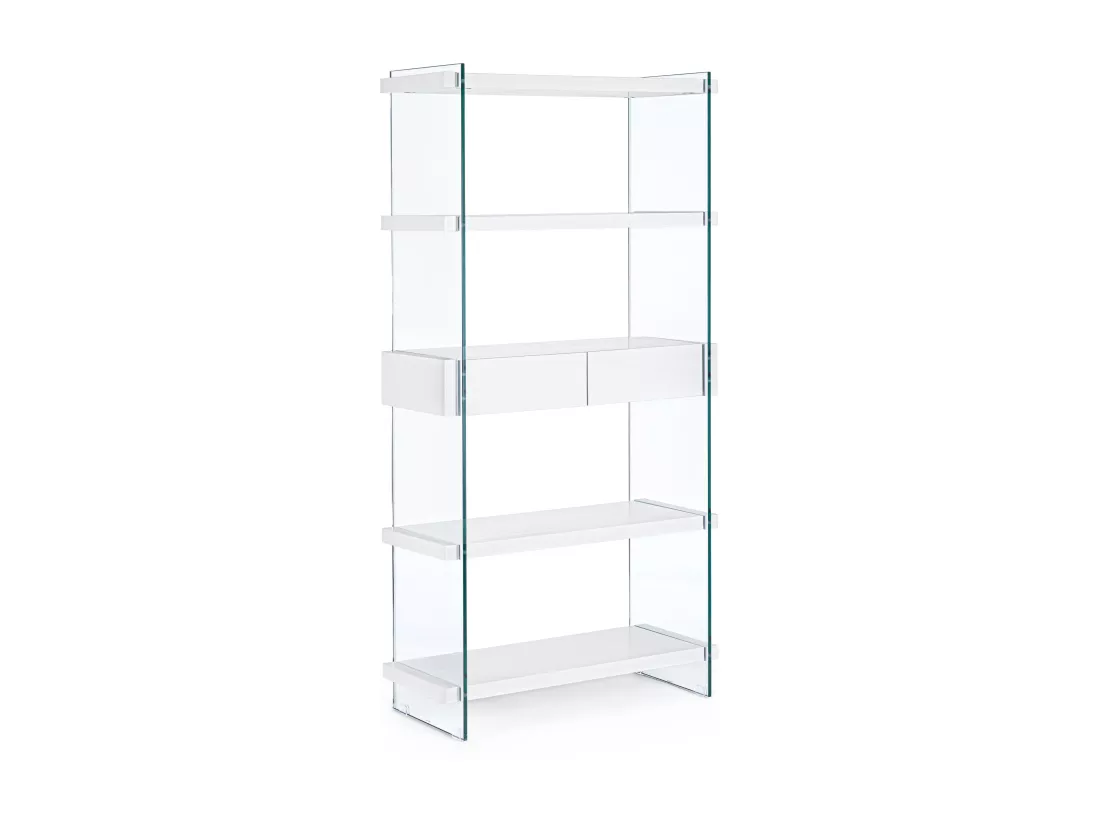 Bibliothèque 2 tiroirs 4 niveaux bois blanc et verre trempé Lina 90cm