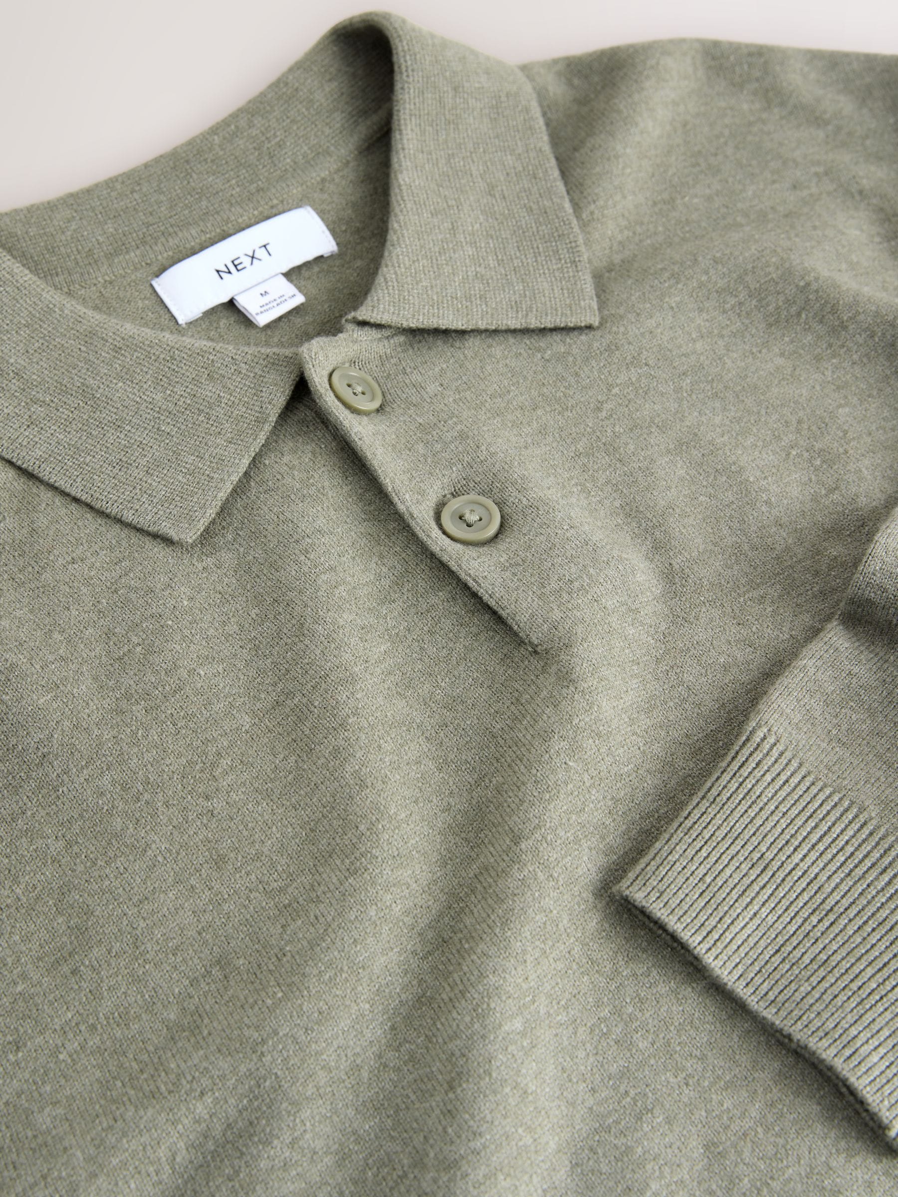 Grijs-groen - Effen - Regular Fit Essential Long Sleeve Knitted Polo Shirt