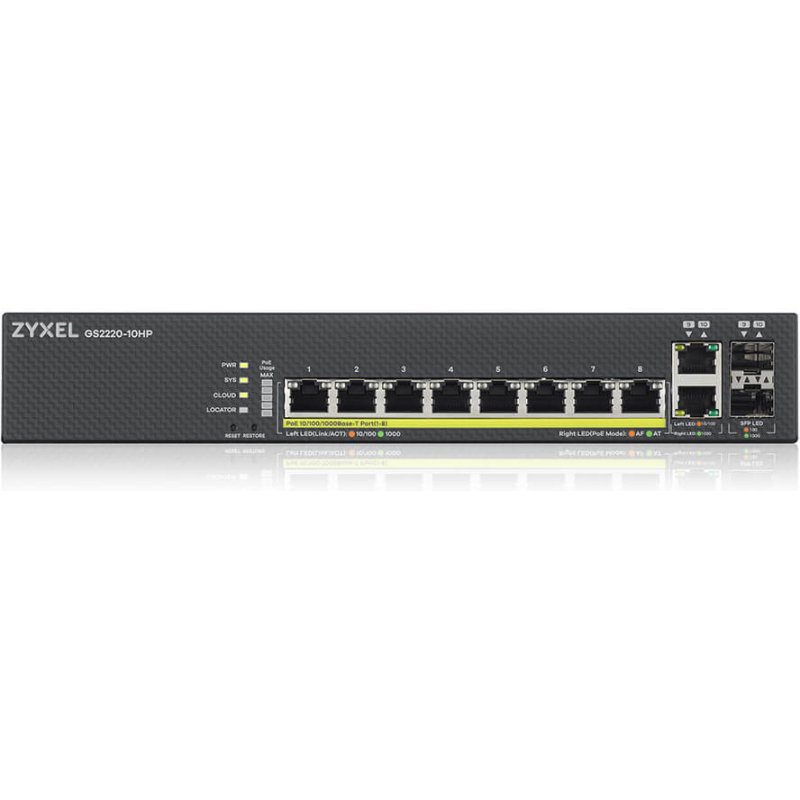 Zyxel GS2220-10HP-EU0101F commutateur réseau Géré L2 Gigabit Ethernet (10/100/1000) Connexion Ethernet, supportant l'alimentation via ce port (PoE) Noir