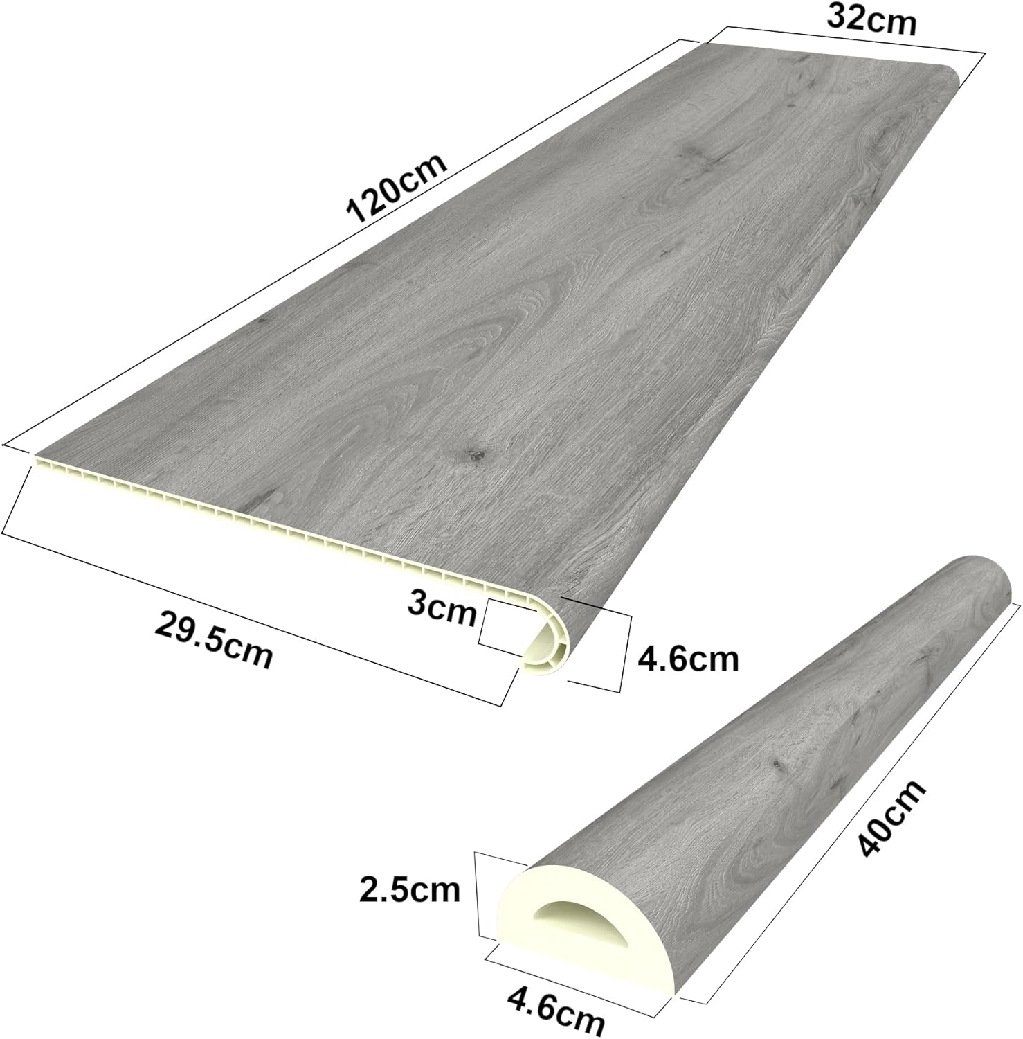 neu.holz Treppenstufen Verkleidung Bunschoten 4er Set Treppenverkleidung zum Kleben 120 x 32 x 4,6 cm mit Treppenkantenprofil PVC Treppenbelag Eichenoptik grau