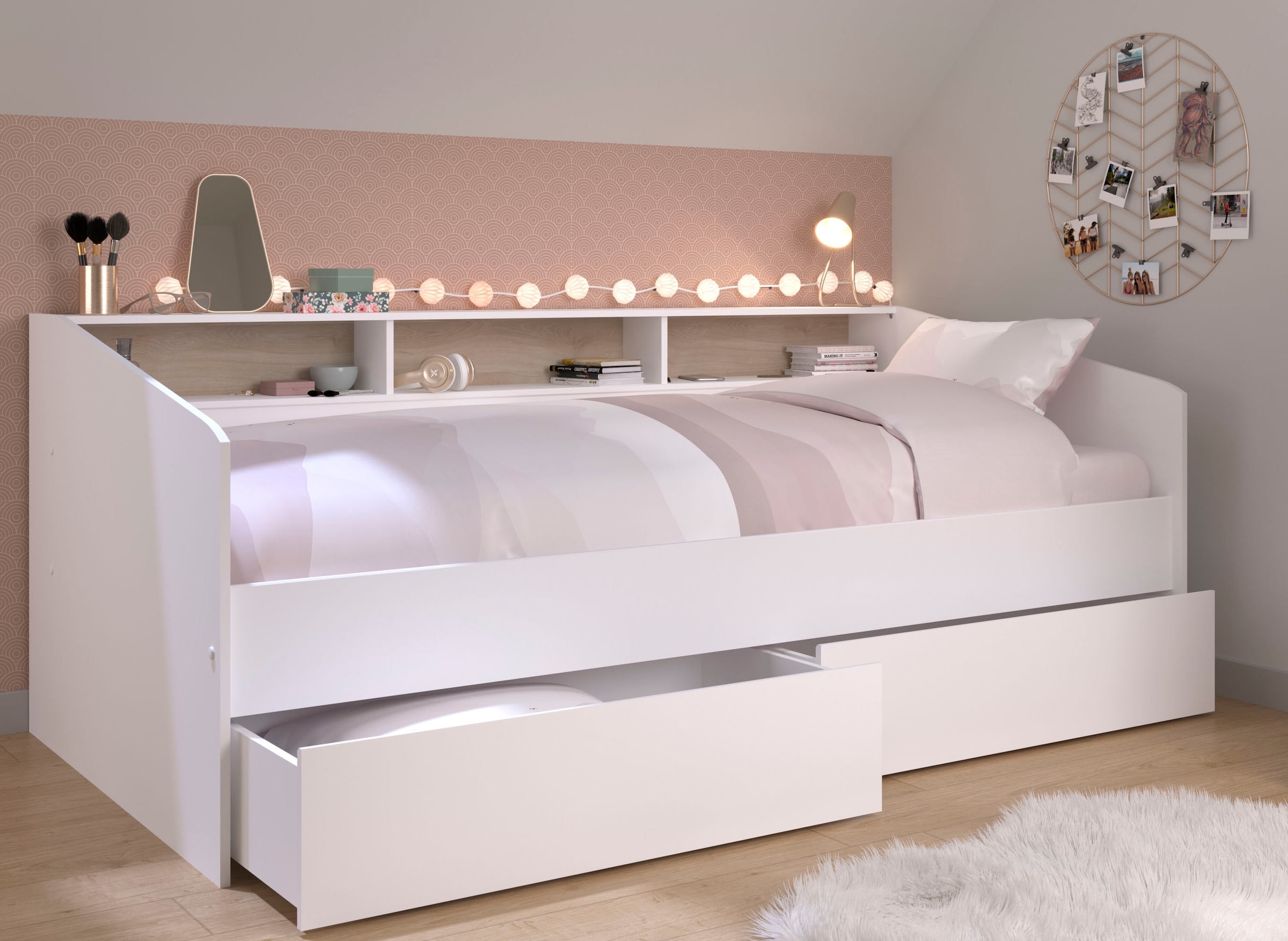 Parisot Stauraumbett »Sleep, Daybed, Kinderbett, Rückwand der Regale drehbar (farbig + weiss)« inklusive, Regale, Schubkästen, viel Stauraum, TOPSELLLER!