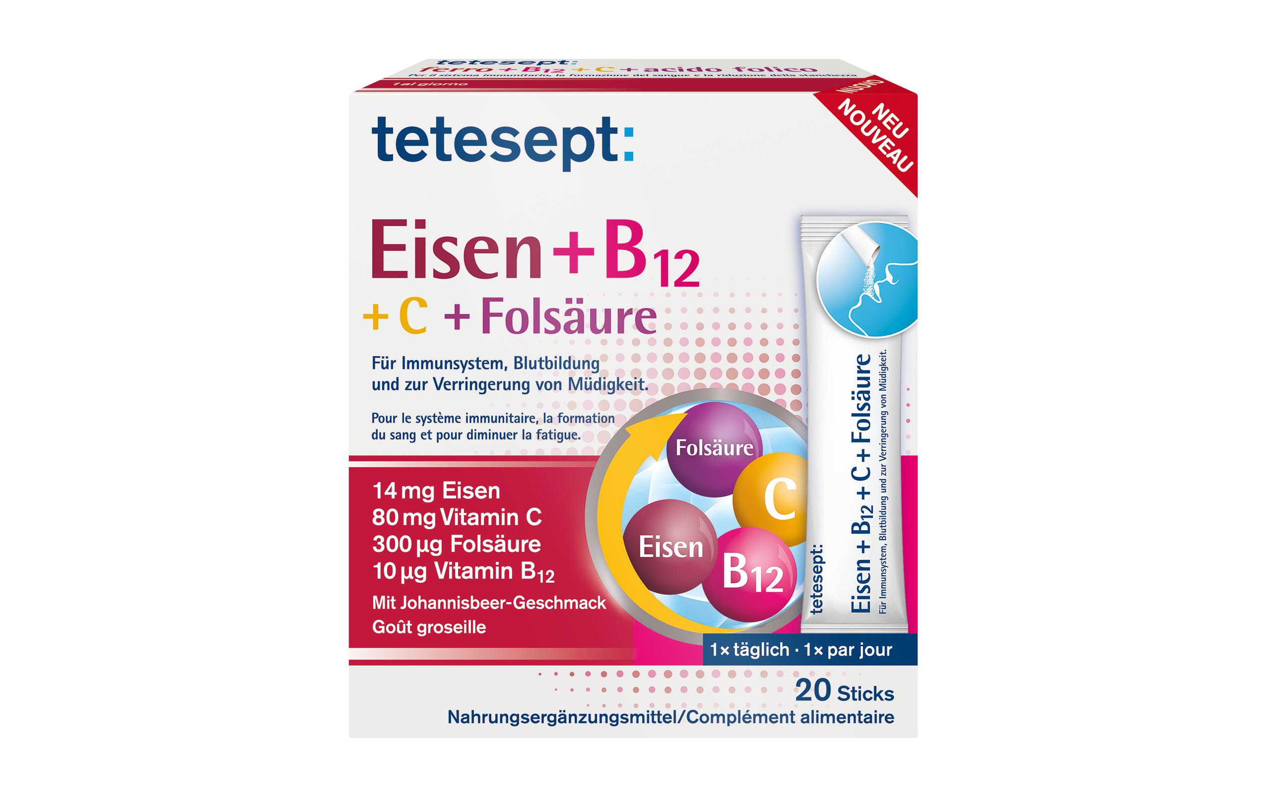 Eisen + B12 Direktstick 20 StückNahrungsergänzungsmittel mit Eisen, Vitaminen und Folsäure