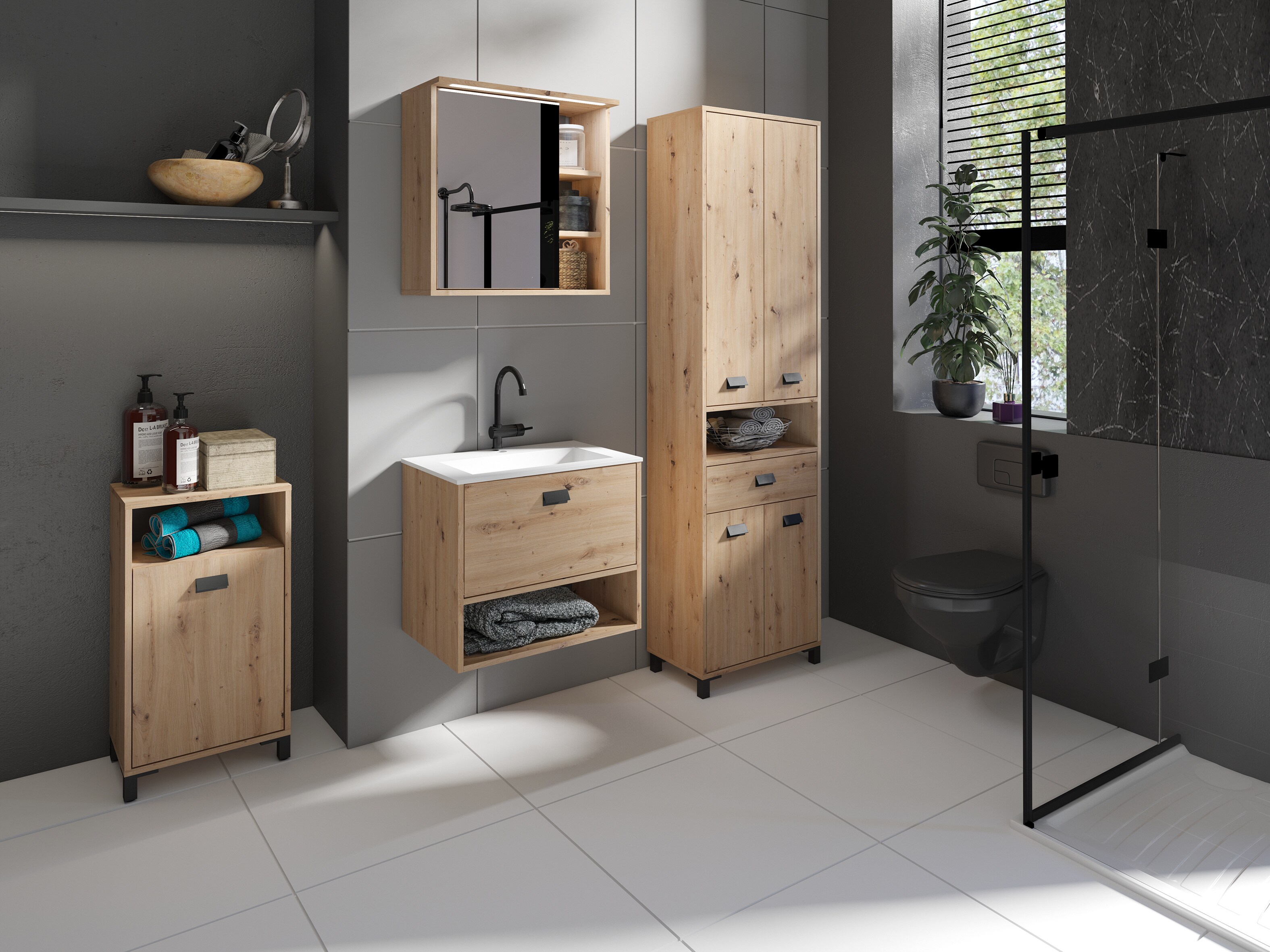byLIVING Badezimmer Hochschrank WELLNESS, Breite 54 cm, Artisan Eiche/schwarz