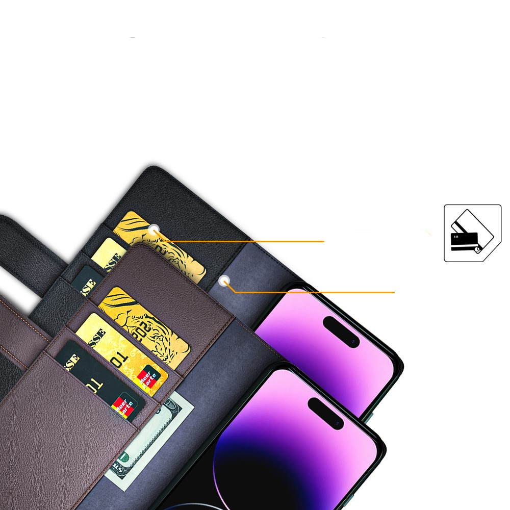 iPhone 15 Pro Max Echtleder Tasche Hülle Flip Cover mit Kartenfach - Schwarz