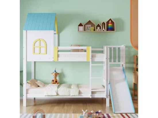 Lits superposés cabane 2 x 90 x 190 cm - avec toit et fenêtre, grille, escalier, toboggan - Pin et MDF - Blanc + Bleu
