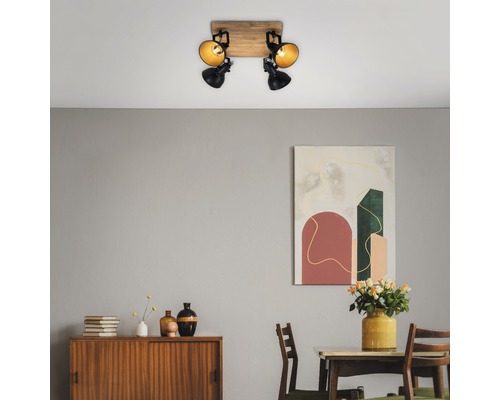 Plafondspot, 4-lichts, L 28 cm, buitenkant zwart, binnenkant goud