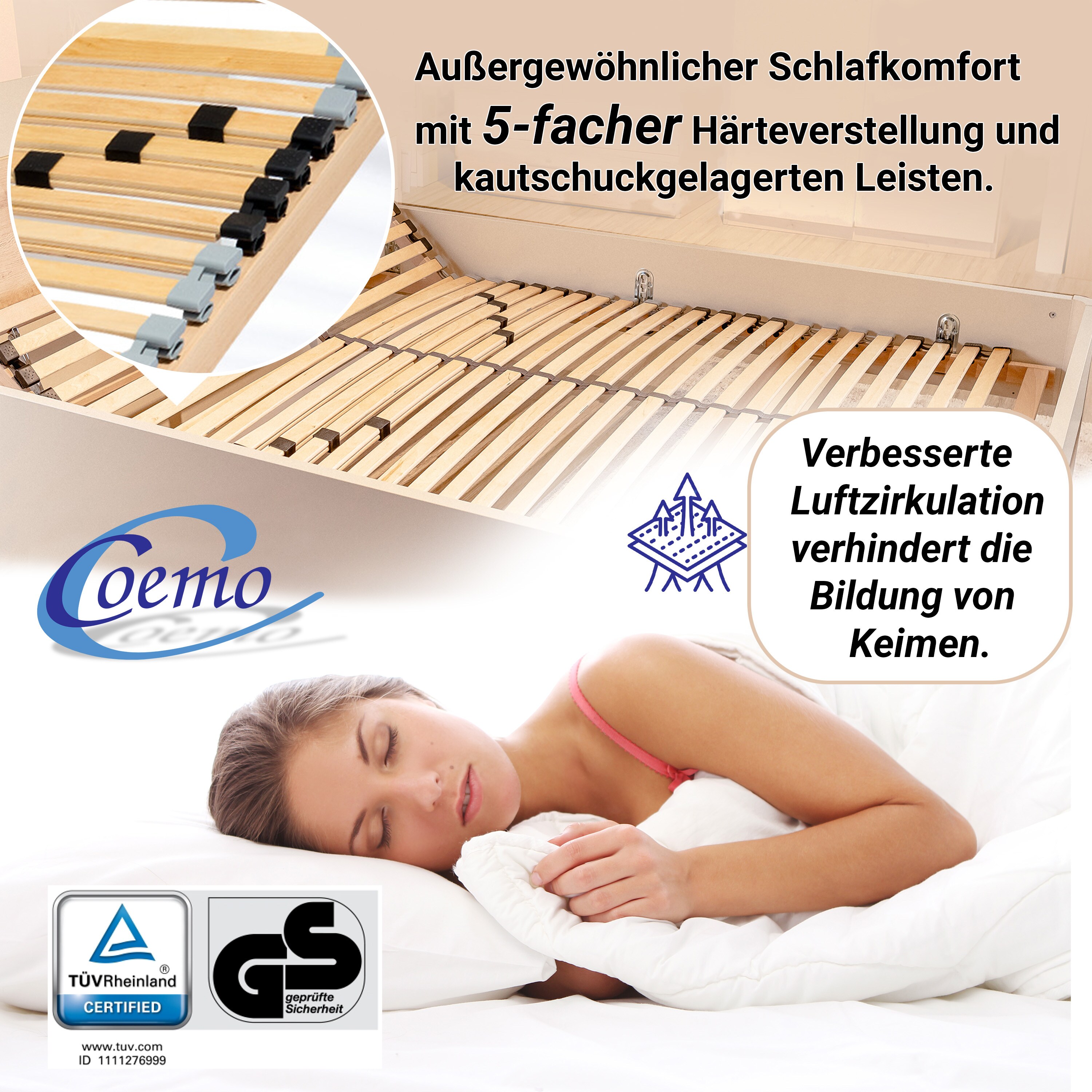 Coemo Ergonomischer 7 Zonen Lattenrost in verschiedenen Größen mit Kopfteilverstellung