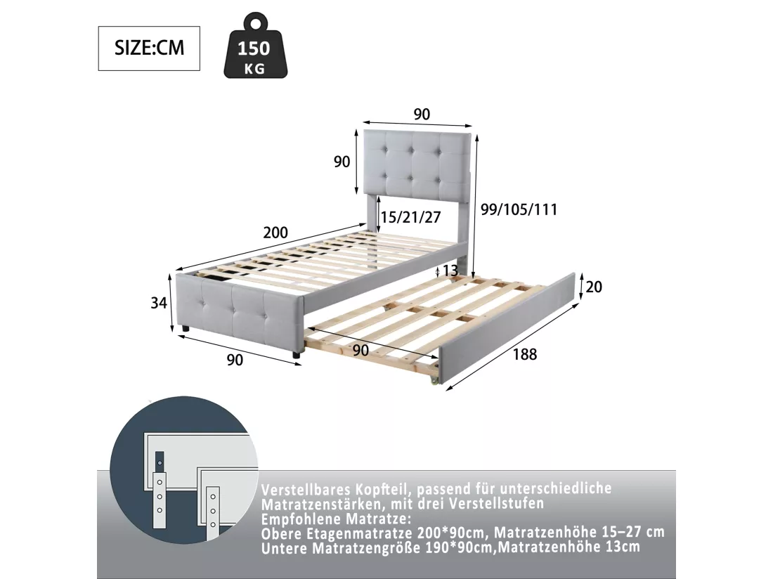 Lit gigogne 90x200cm+90x190cm, Lit capitonné d'enfant, lit extensible en lin avec sommier à lattes, tête de lit réglable, gris