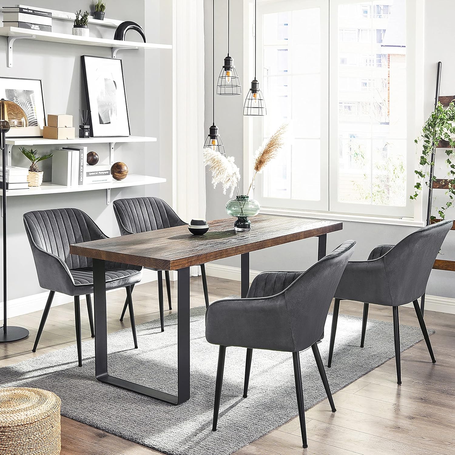 SONGMICS Esszimmerstuhl, 2er Set, Küchenstuhl, Sessel, Samt, Polsterstuhl mit Armlehnen, Loungesessel, bis 120 kg belastbar, Metallbeine, für Esszimmer, Küche, grau-tintenschwarz LDC087G02