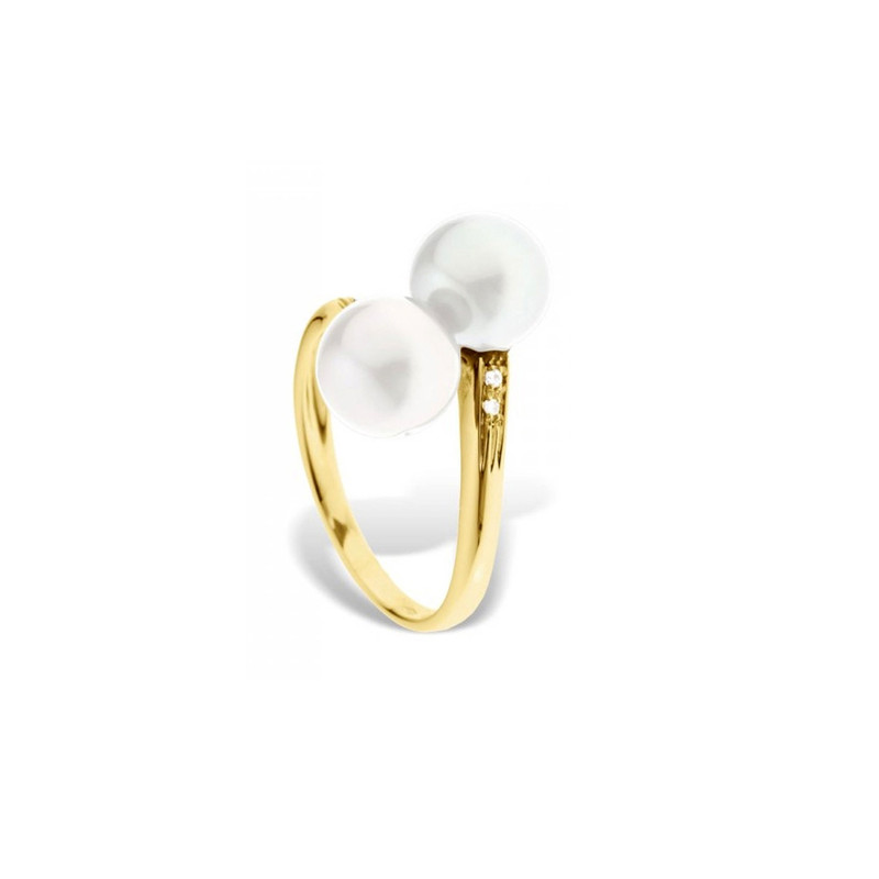 Bague 2 Perles de Culture Blanches, Diamants et Or jaune 375/1000