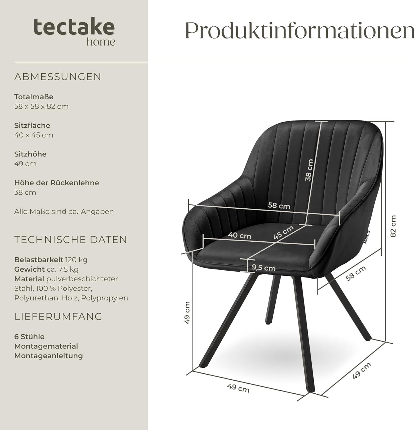 tectake® drehbare Esszimmerstühle mit Armlehne, Schalenstuhl ergonomisch mit Samt Bezug, gesteppt, Stühle drehbar für Wohnzimmer, Esstisch, Arbeitszimmer, Schminktisch, Küchenstühle - 6er Set, schwarz