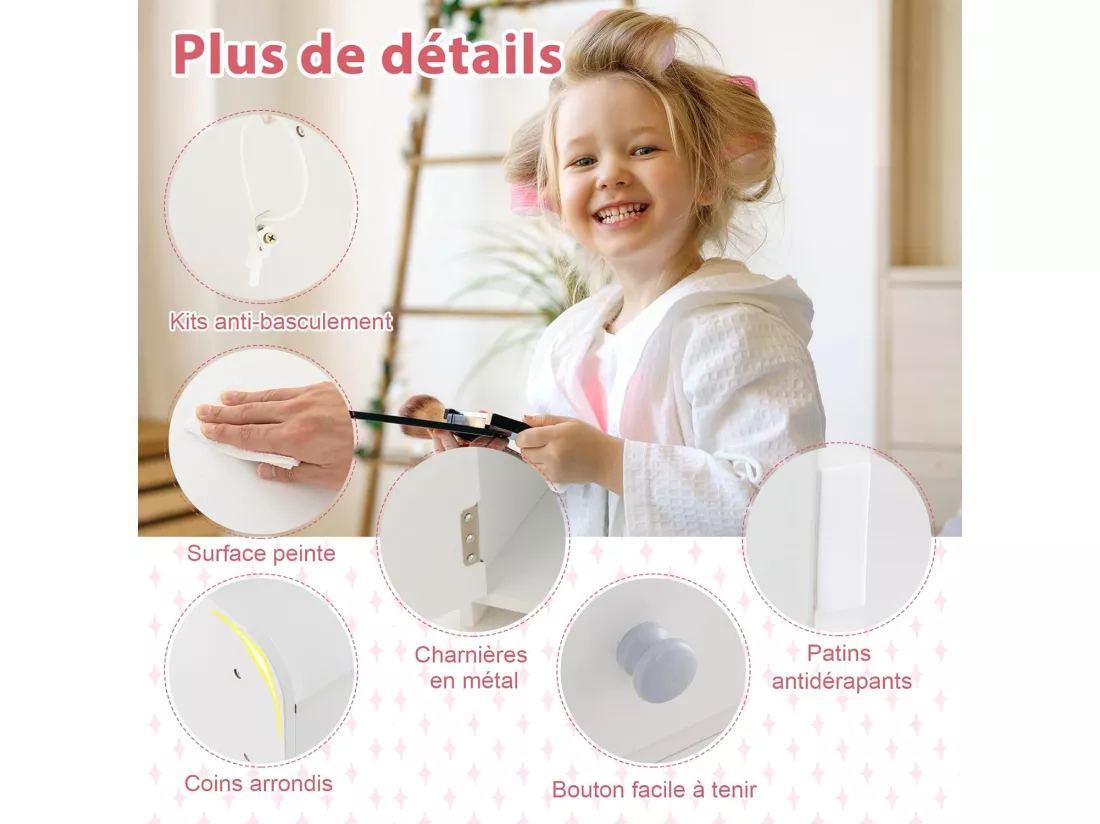 2 en 1 Bureau Enfants avec Chaise & 120 Lumières LED, Coiffeuse Enfants Fille avec Miroir Acrylique, 2 Etagères & Tiroir, Dispositif Anti-basculement, Charge 50kg pour Enfants de 3 Ans+