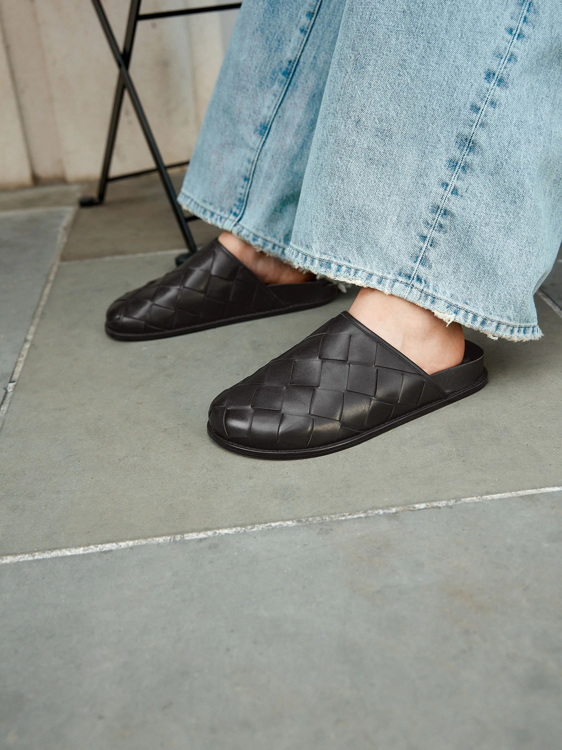 Zwart - Signature Premium Leather Weave Footbed Mules
