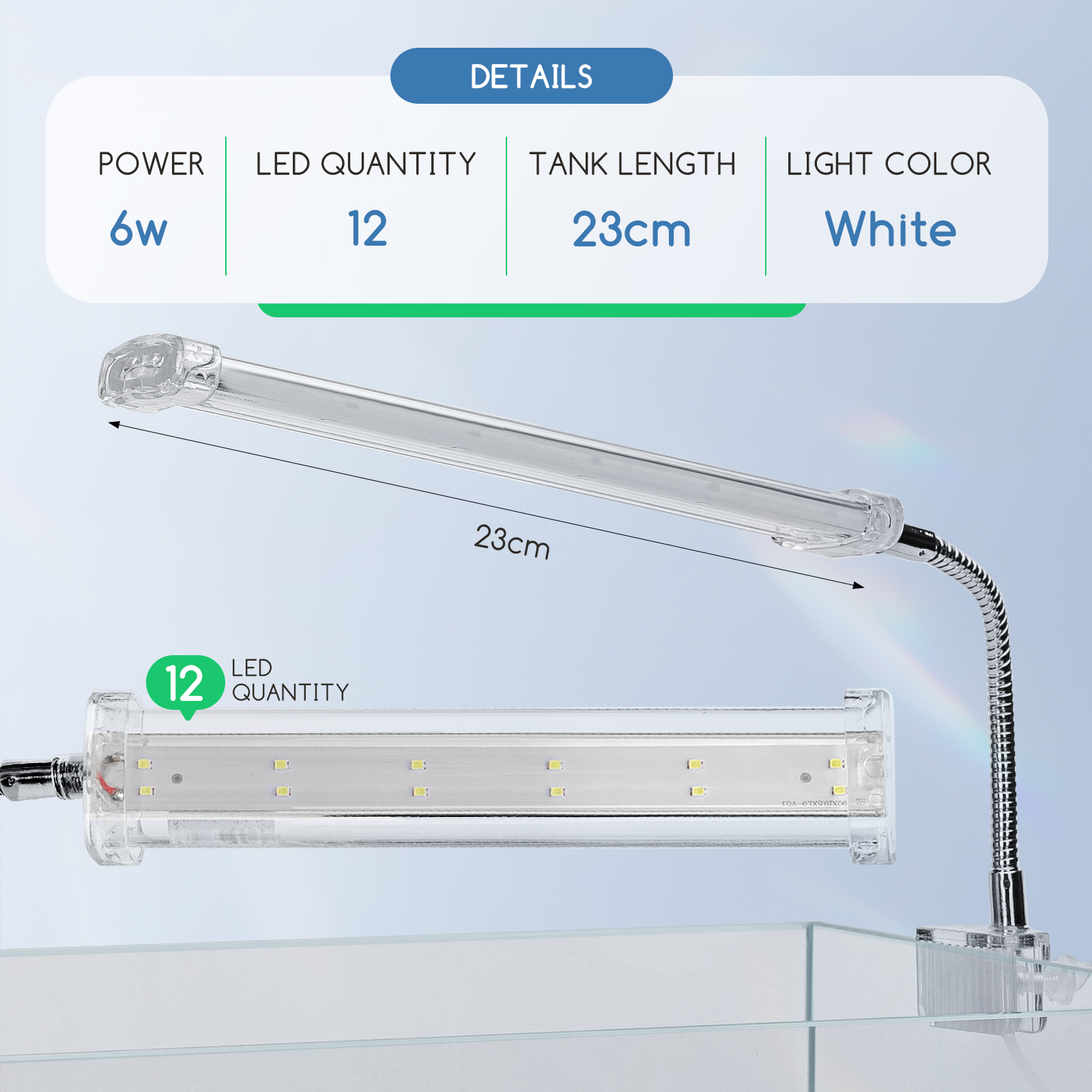 Nobleza - Luminária LED para Aquário, Lâmpada Fina e Impermeável para Aquário Plantado, Luminária LED Branca com Clipe Potente (6W 23CM, Branca)