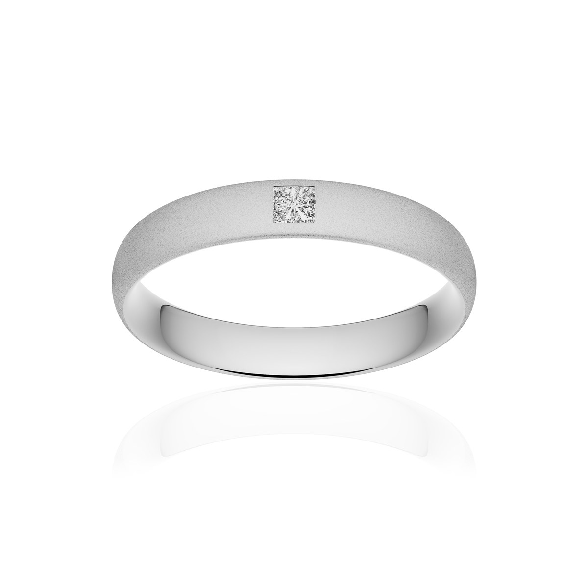 Alliance or 750 blanc sablé demi-jonc confort 4mm diamant princesse