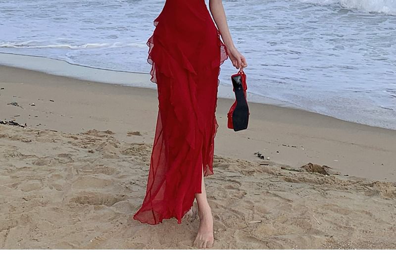 JIYON - Spaghettibandjes Ruffle Cold Shoulder Maxi Schedejurk