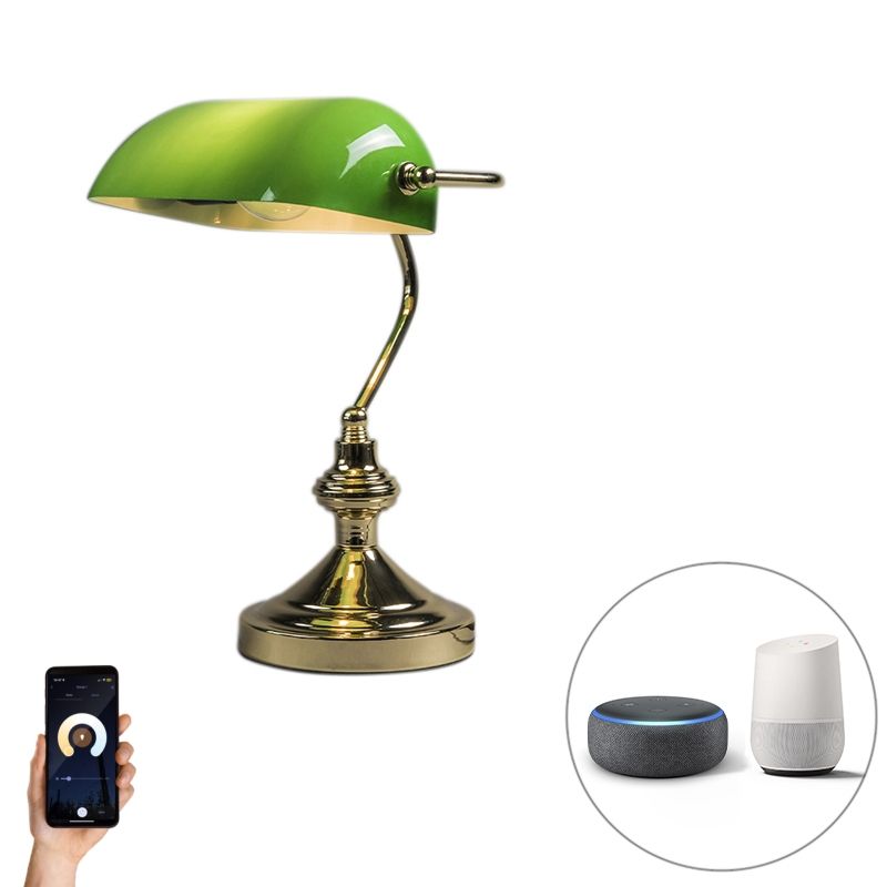 Smart tafellamp messing met groen glas incl. Wifi P45  - Banker