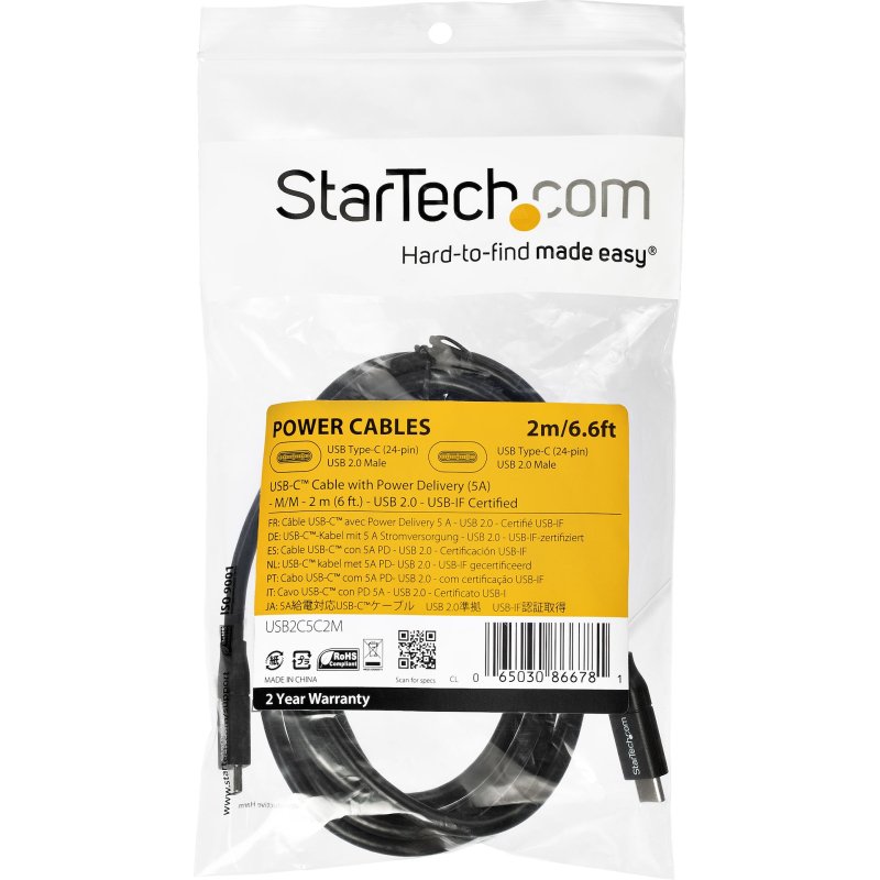 StarTech.com Câble de Charge Rapide USB-C de 2m, Charge et Synchronisation, 100W (5A) PD, USB 2.0, Certifié USB-IF - Cordon de Charge USB C Noir