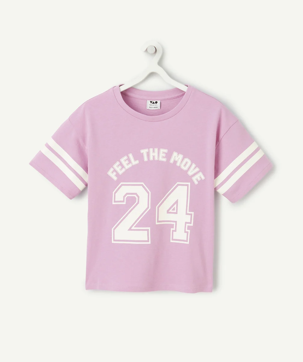 t-shirt fille en coton biologique mauve avec chiffres et messages
