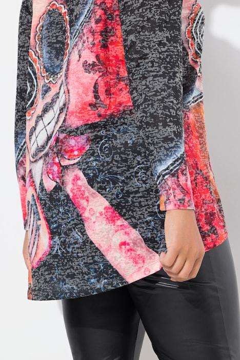 T-Shirt, A-Linie, Totenkopf-Print, Langarm