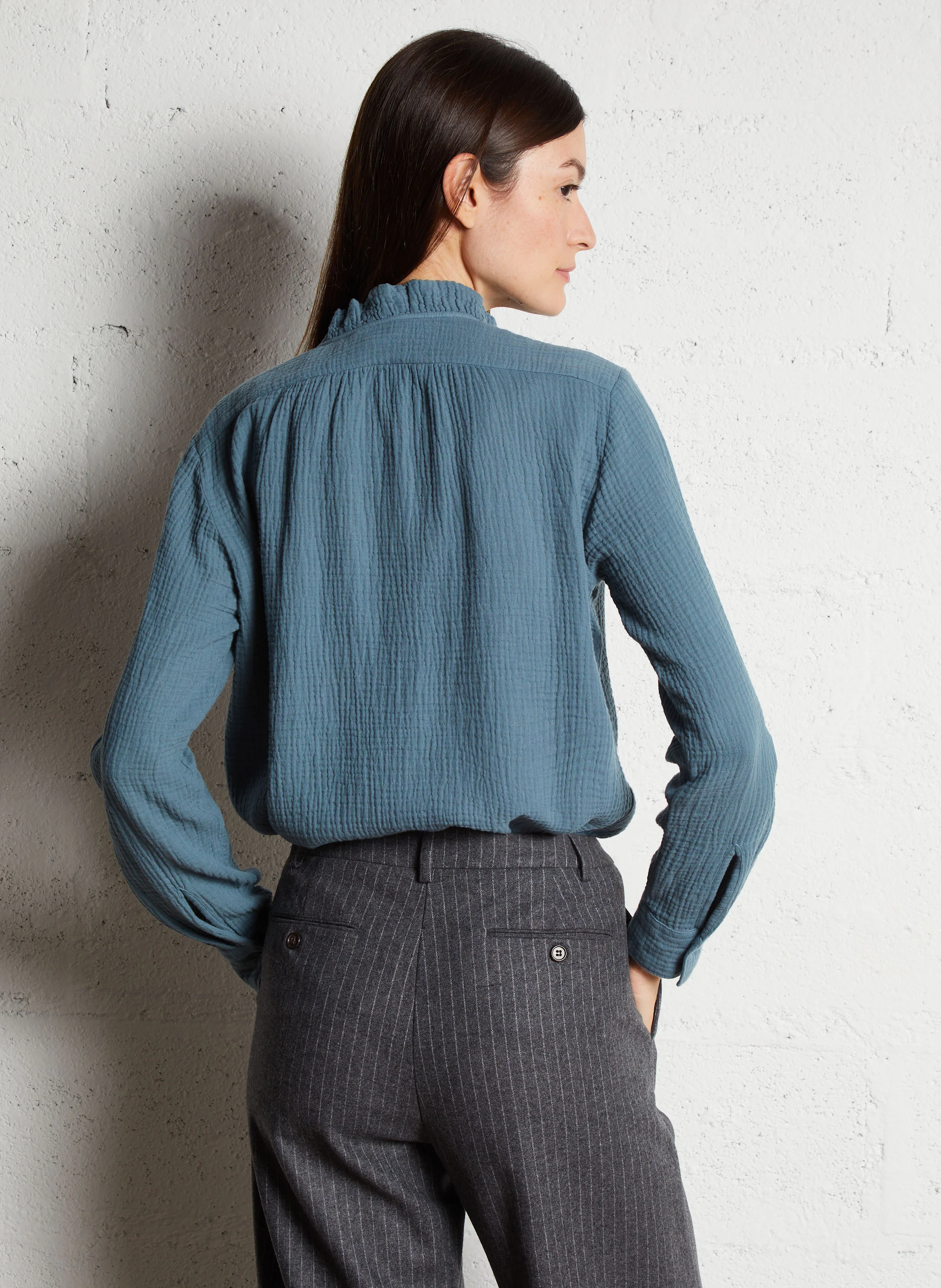 CARMEN - Top col victorien en coton | Bleu