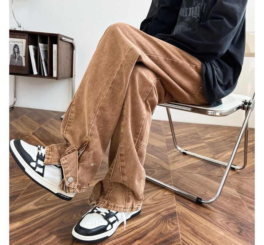 Tiaota - Mid Rise Washed Zip Slit Straight Leg Jeans