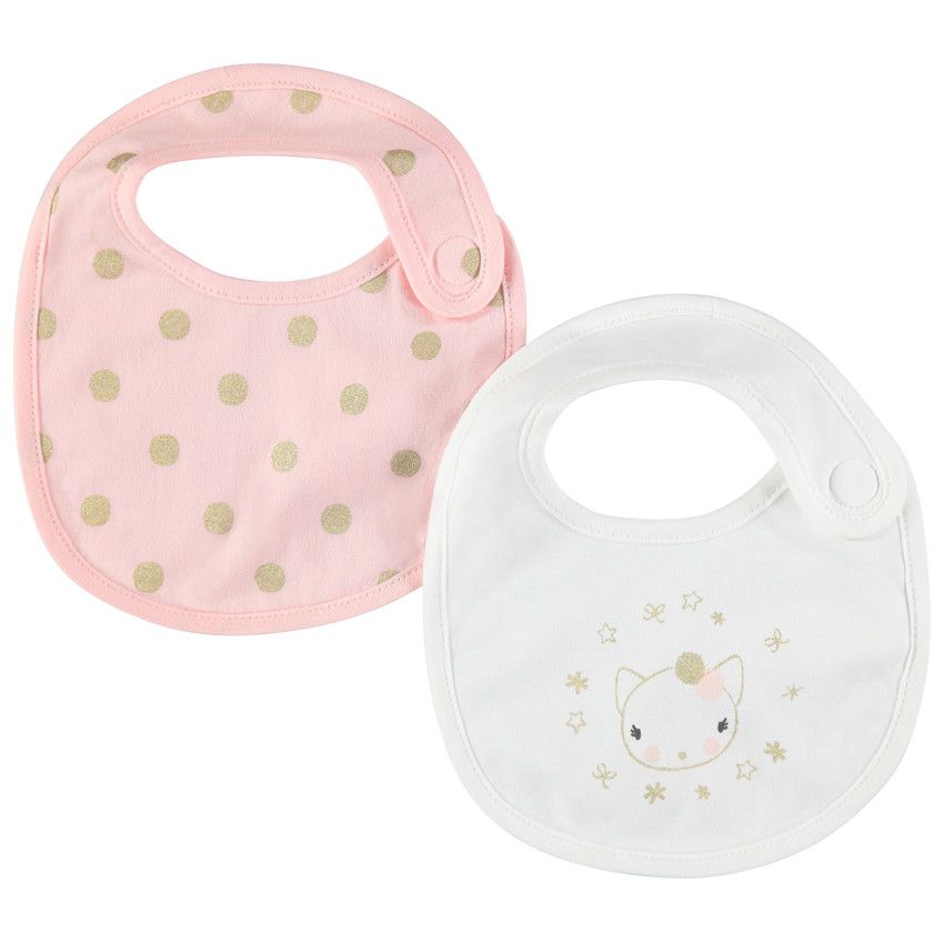 Lot de 2 bavoirs courts à pois dorés et motif chat printé doré - Ecru