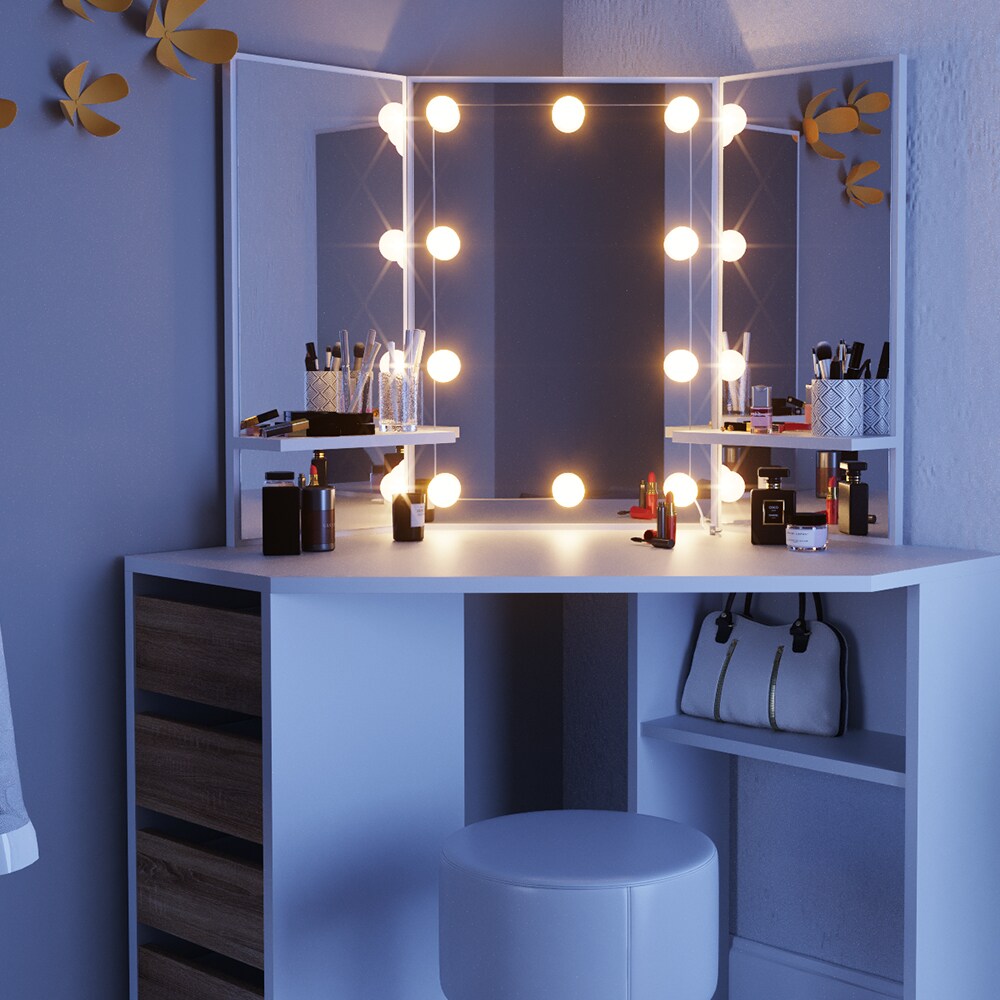 VICCO LED Eckschminktisch ARIELLE Kosmetiktisch Frisiertisch Weiß Eiche Hocker