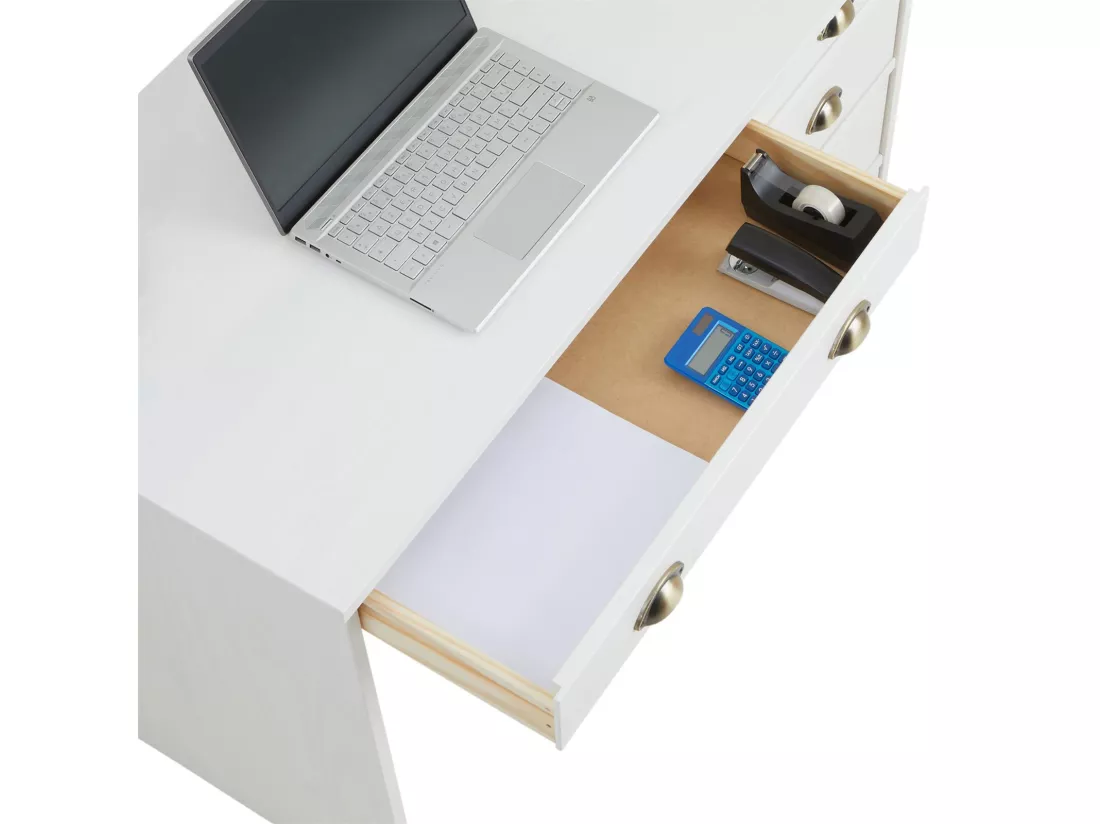 Bureau LANA avec rangement 5 tiroirs et poignées en forme de coquille, en pin massif lasuré blanc