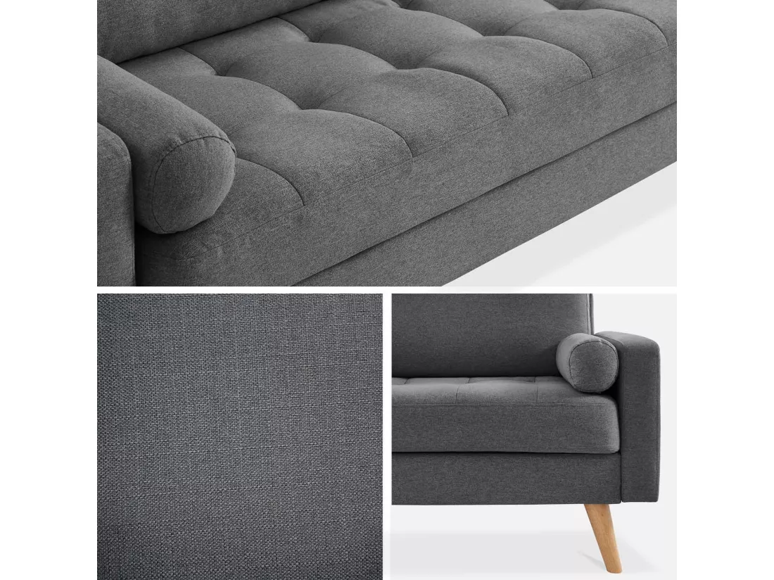 Canapé en tissu gris foncé. 3 places scandinave fixe. droit. pieds bois