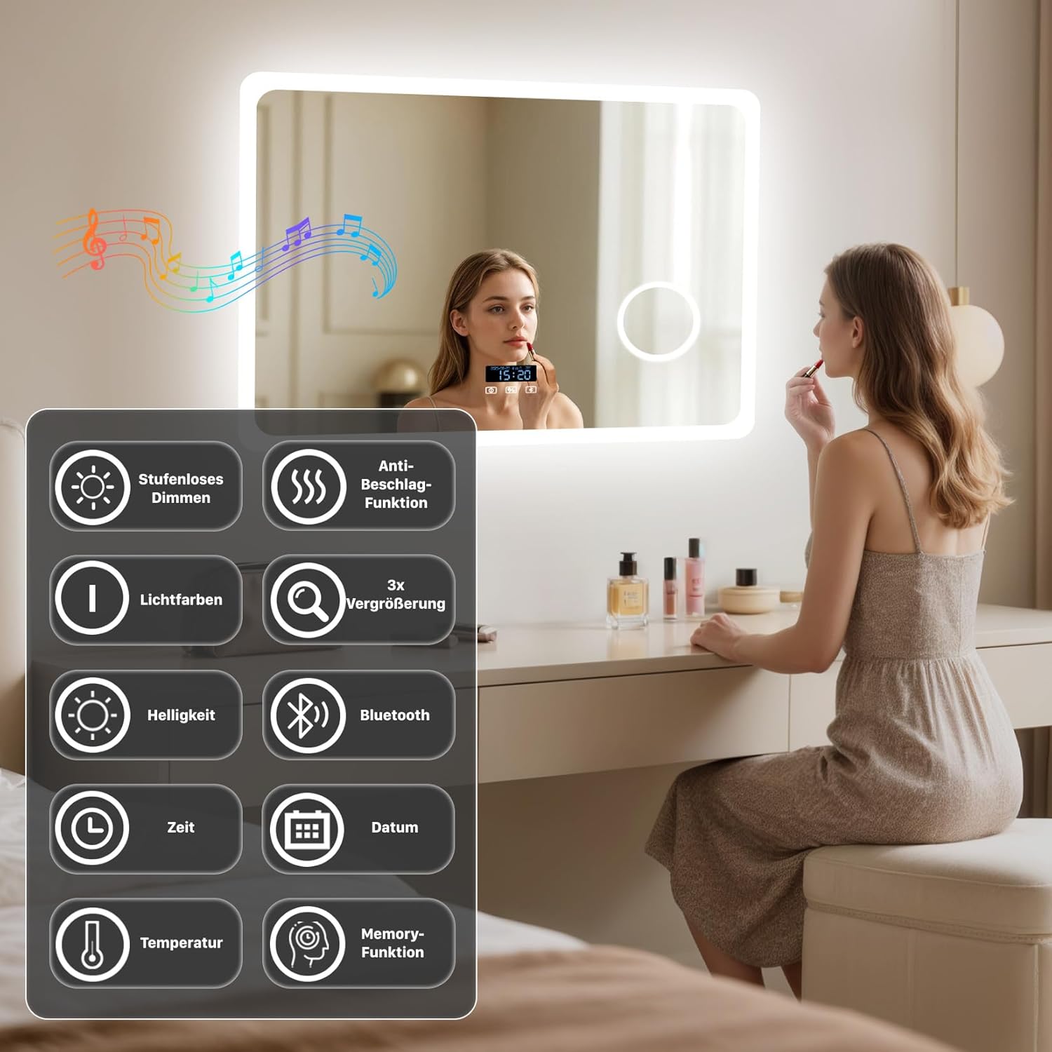 LUVODI Badspiegel mit Beleuchtung Bluetooth: 80x60cm Led Spiegel mit 3-Fach Schminkspiegel und Uhr, 3 Lichtfarbe Einstellbare Badezimmerspiegel Beschlagfrei Speicherfunktion, Wandspiegel