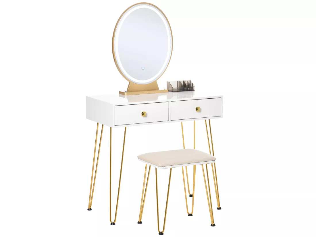 Coiffeuse design - miroir LED intégré - 2 tiroirs + 1 organisateur - tabouret inclus - métal noir MDF banc doré