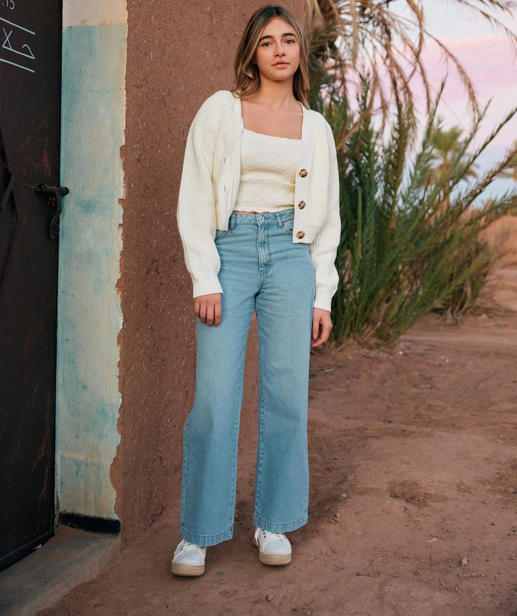 PANTALON WIDE LEG FILLE EN DENIM BLEU LOW IMPACT AVEC TAILLE HAUTE