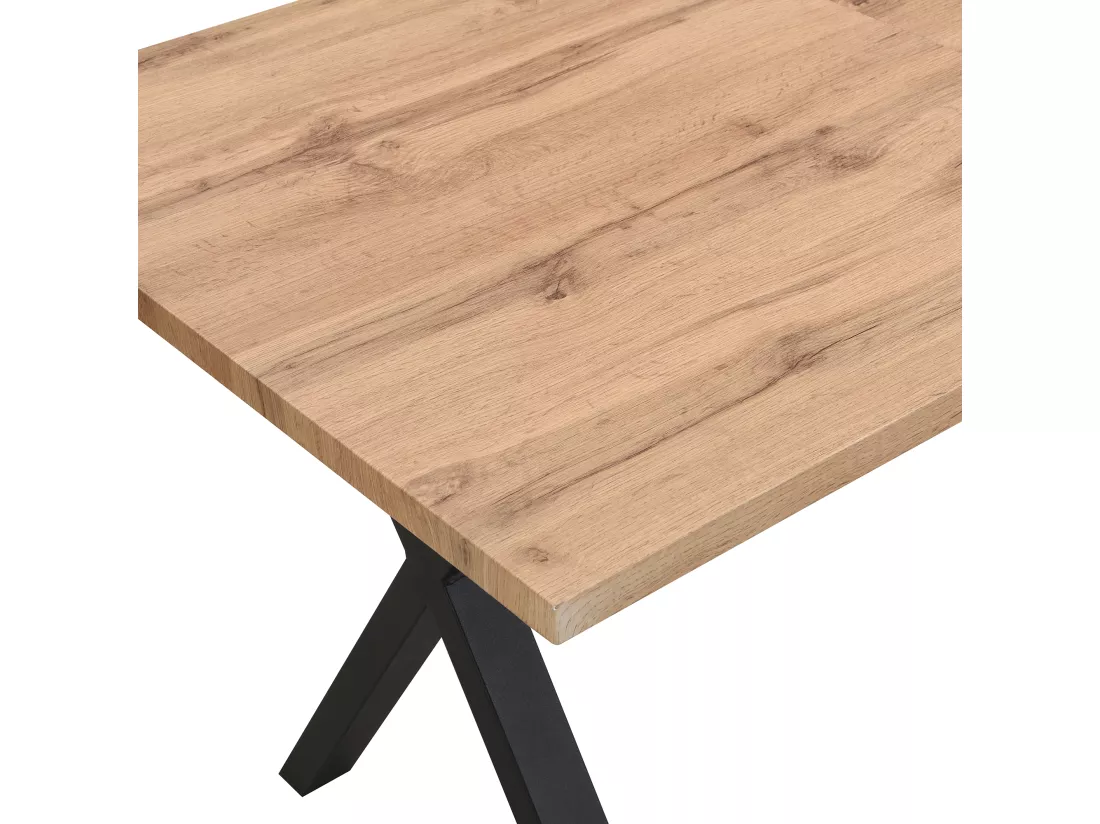 Table à manger 6 couverts, bois MDF + métal, noir & chêne, 140 x 80 x 76 cm