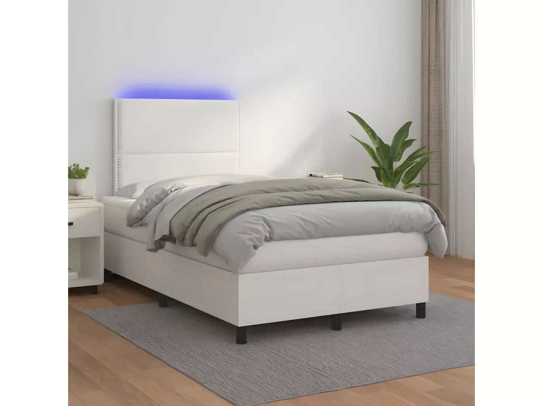 Sommier tapissier et matelas et LED Blanc 120x200 cm Similicuir
