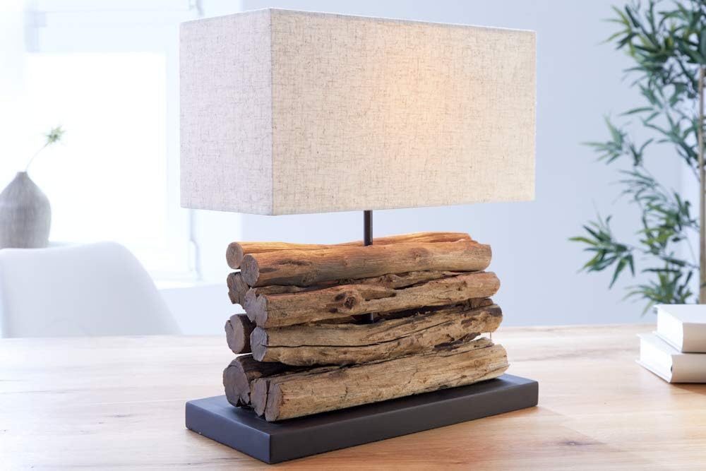 invicta INTERIOR Design Treibholz Lampe PERIFERE beige Tischlampe Handarbeit Leinenschirm Stoffschirm Holz