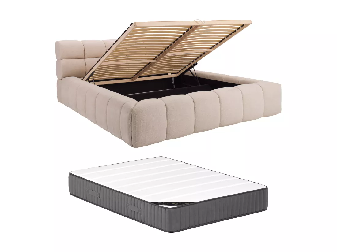 Lit coffre 200 x 200 cm - Tissu - Beige + Matelas - FORVIK de Pascal Morabito