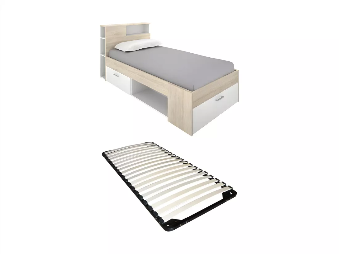 Lit avec tête de lit rangements et tiroir - 90 x 190 cm - Blanc et Naturel + Sommier - LEANDRE