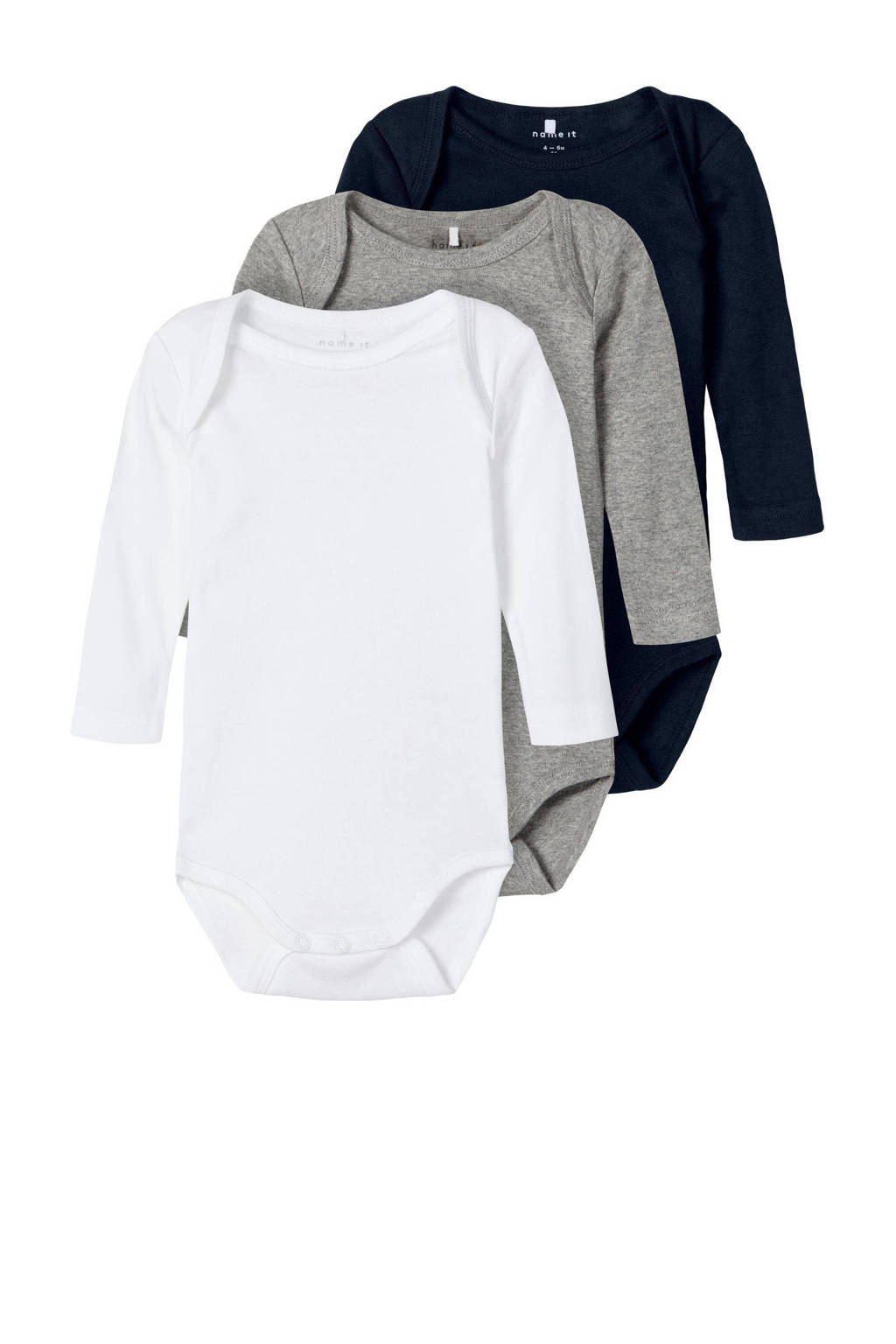 NAME IT romper NBNBODY - set van 3 grijs melange/wit/donkerblauw