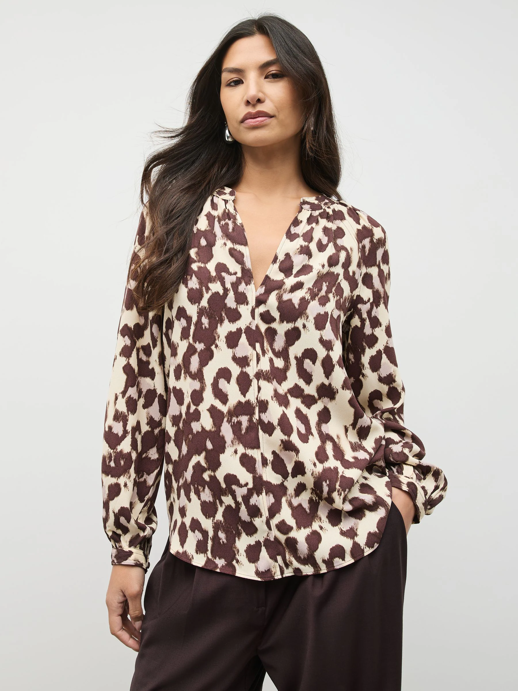 Roze dierenprint - Blouse met V-hals en lange mouwen