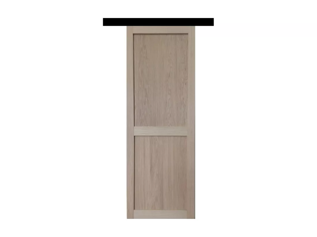 Porte Coulissante Atelier 2 Panneaux Chene H204 X L83 + Rail Alu Bandeau Noir Gd Menuiseries