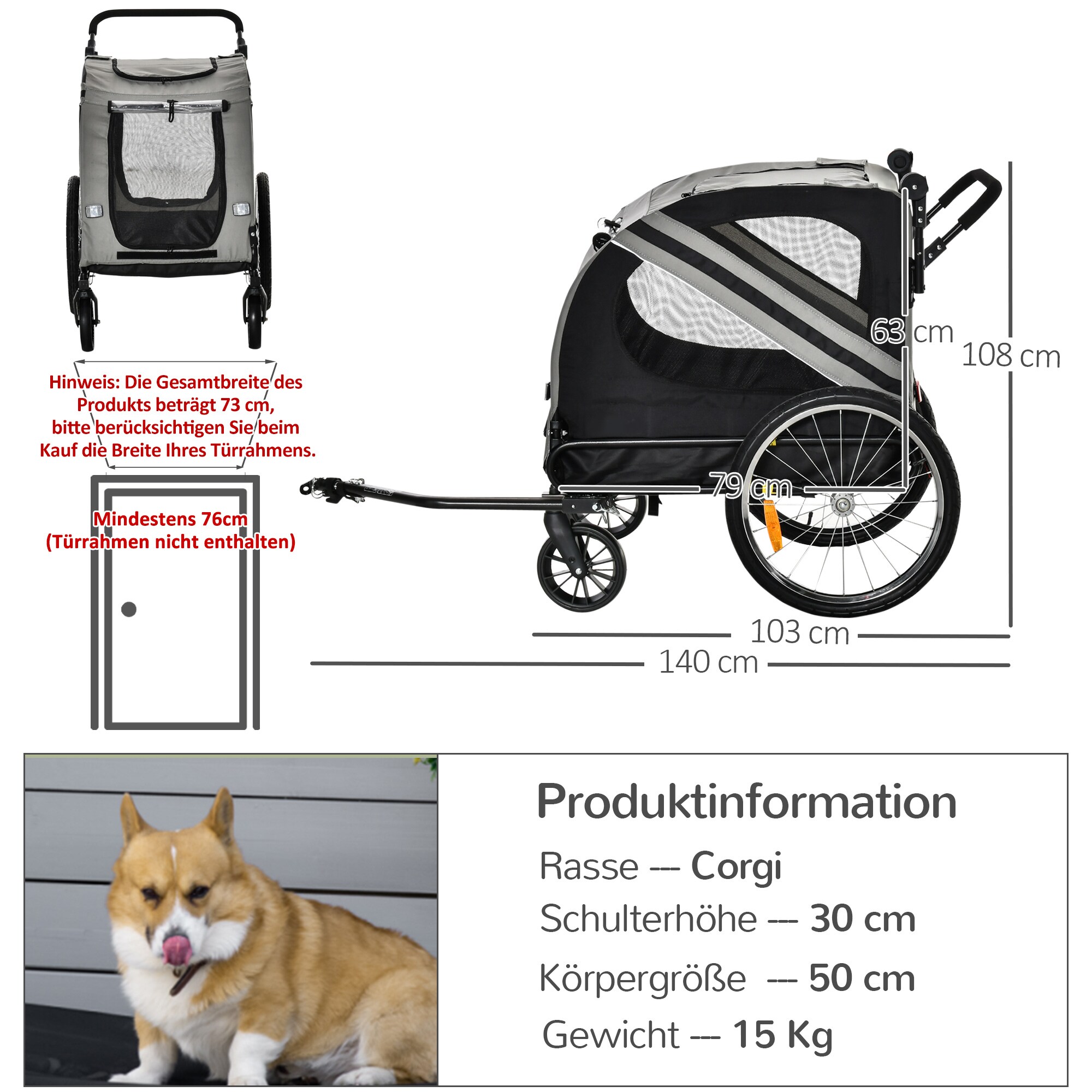 PawHut 2-in-1 Hundewagen und Anhänger mit Luftpumpe und roter Fahne grau 140L x 72,5B x 108H cm