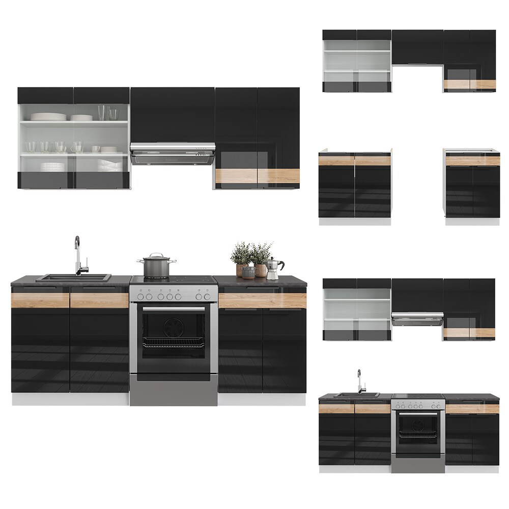 Vicco Küchenzeile Küchenblock Einbauküche Fame-Line Weiß Schwarz Eiche 200 cm modern Hochglanz Küchenschränke Küchenmöbel