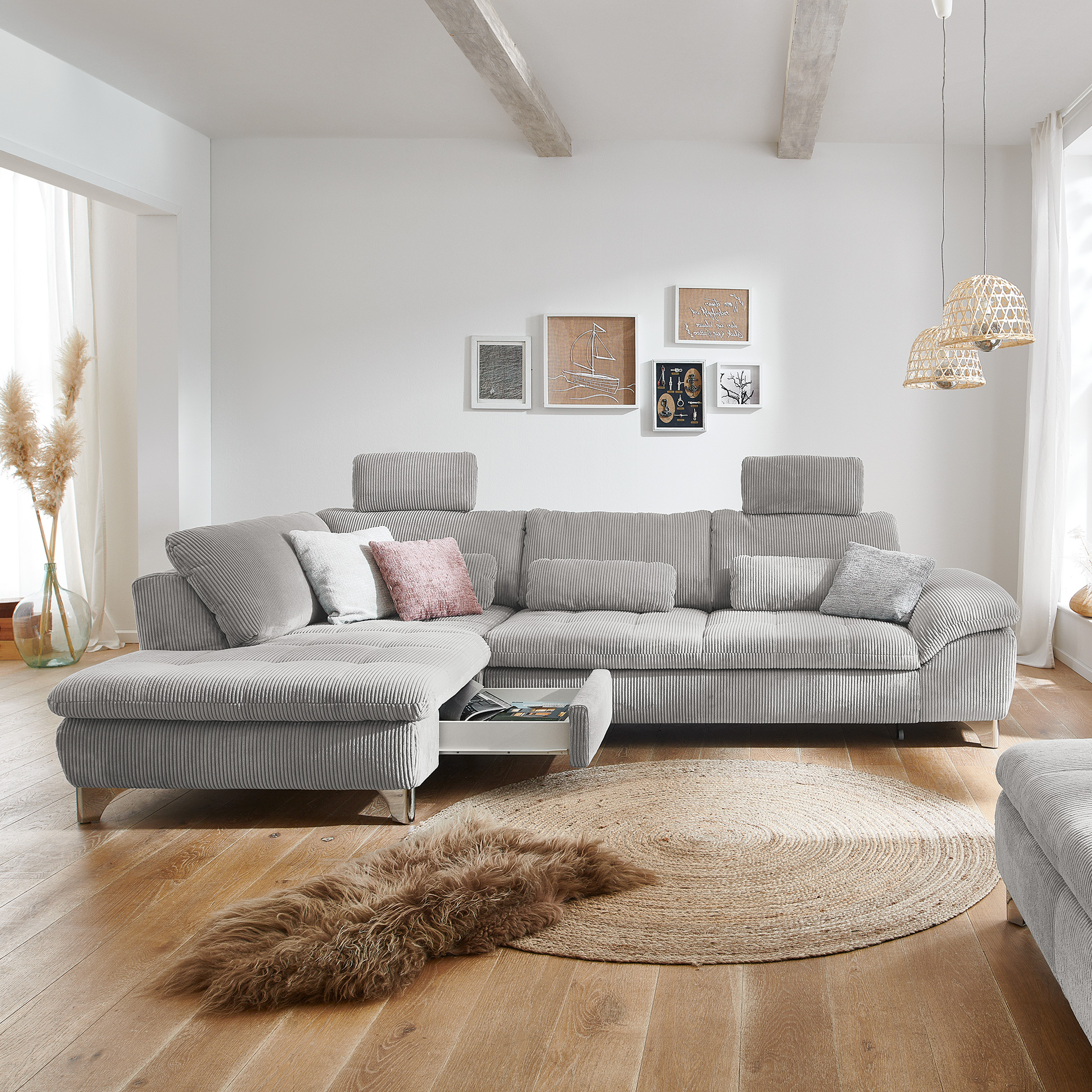 polsterpower Ecksofa - grey - mit Funktionen - Anstellhocker links