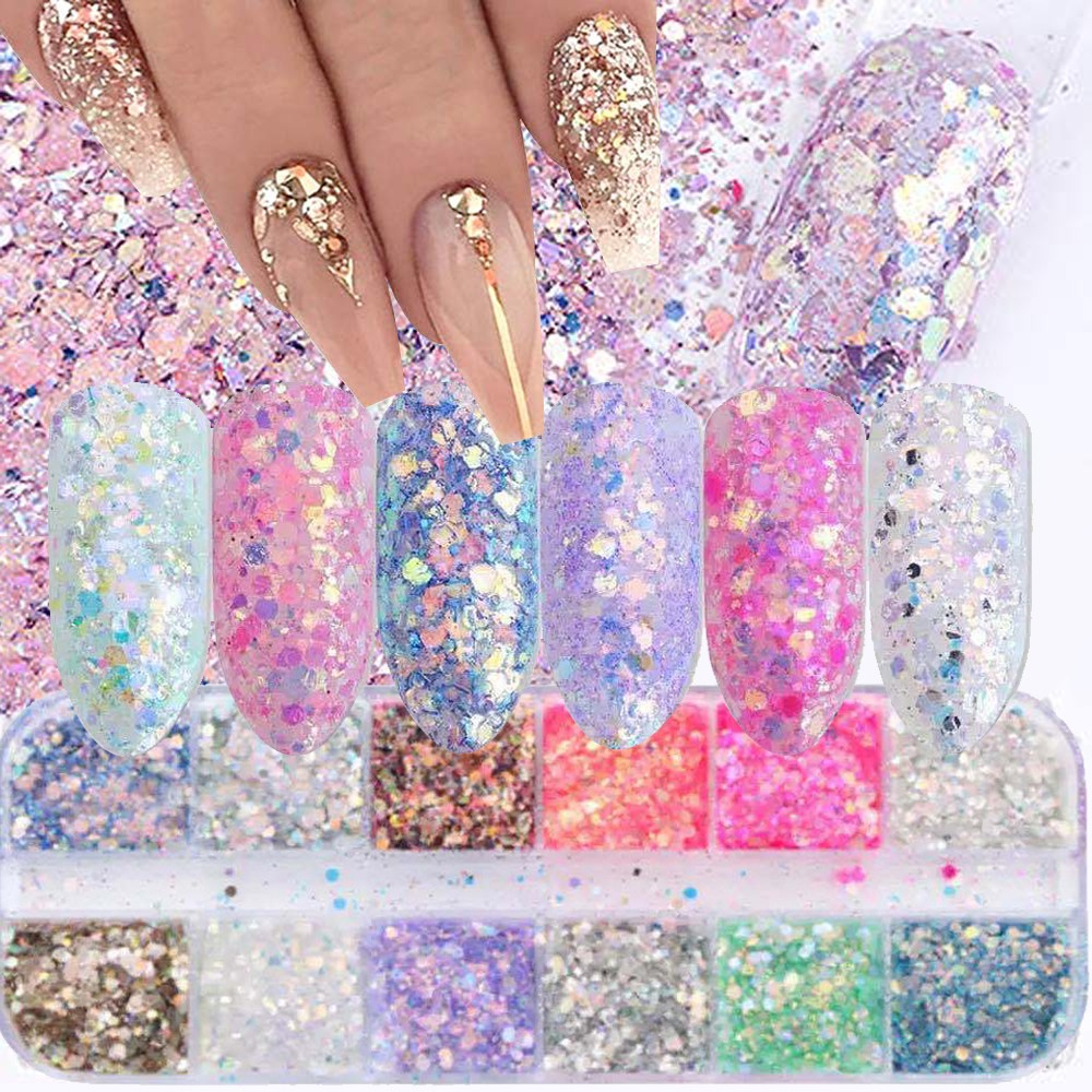 (12-tlg. Set) Nail Art Gel Nägel UV Glitzer Pulver für die Maniküre - Style 4
