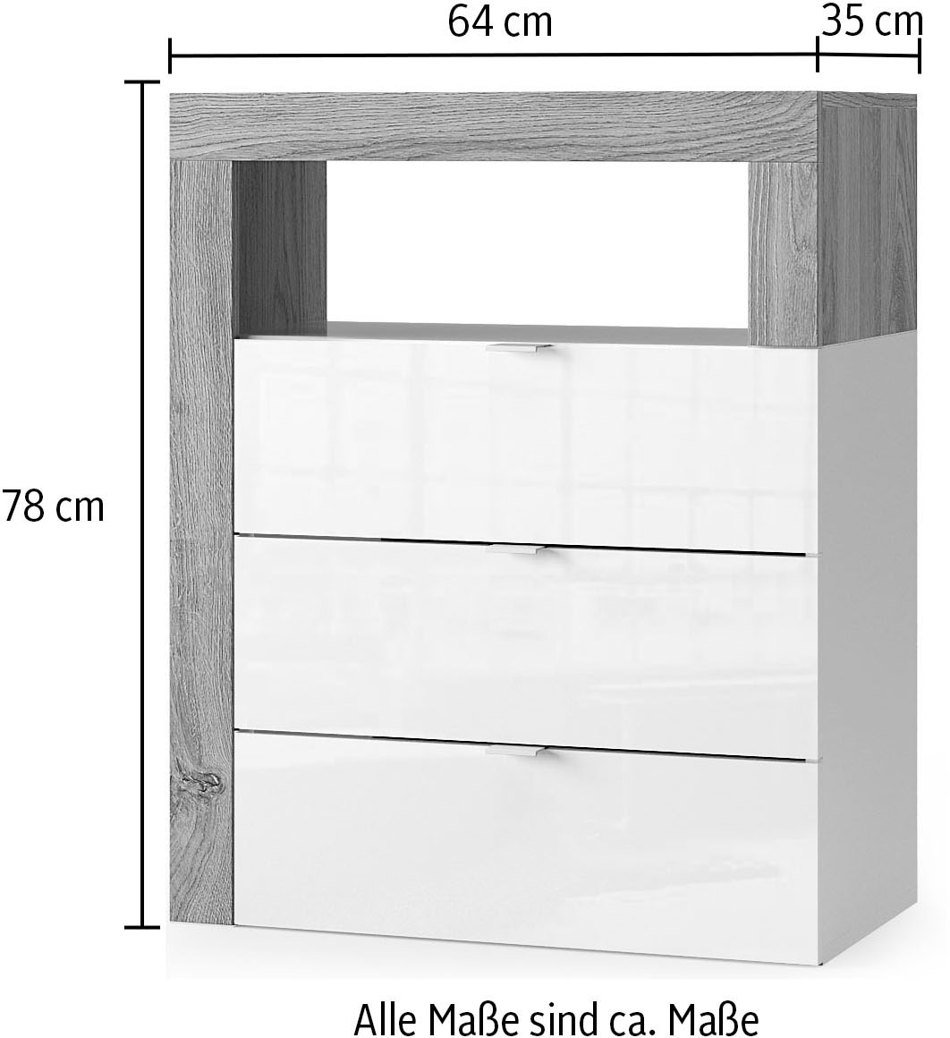 welltime Unterschrank »Hamburg Höhe 78 cm, Breite 64 cm, Badkommode mit 3 Schübkästen,« Badezimmerschrank, dekorativer Rahmen, offenes Fach, Metallgriffe